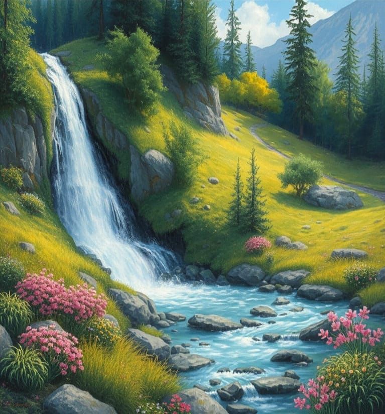 🥇waterfall in oil pastels