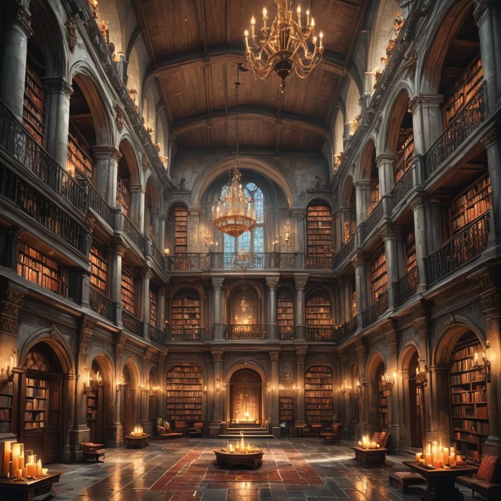 Grand Library with Vaulted Ceiling, Hyperrealistic Concept A...