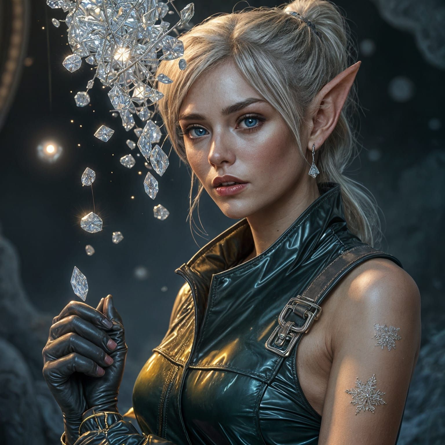 Elf Woman Shoveling Diamonds in Hyperrealism