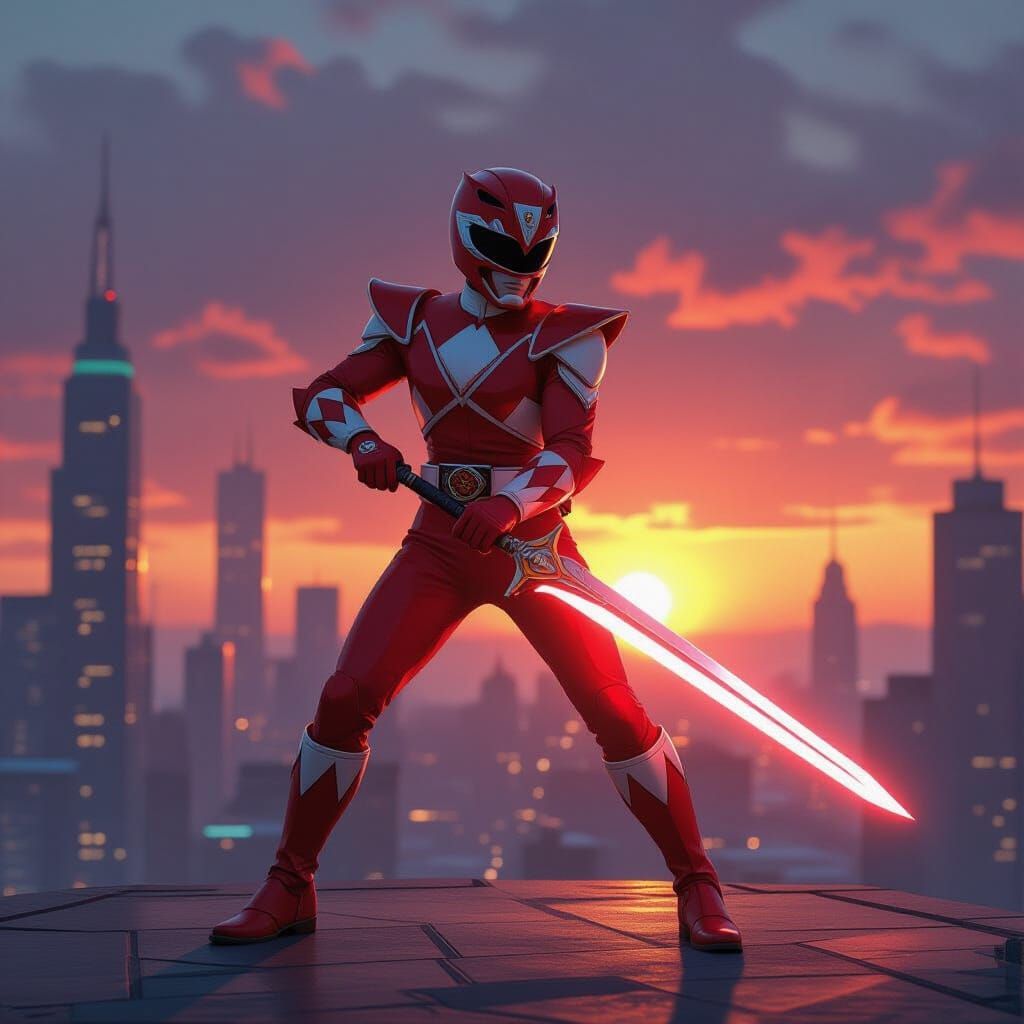 Red Power Ranger in Epic Futuristic Cityscape