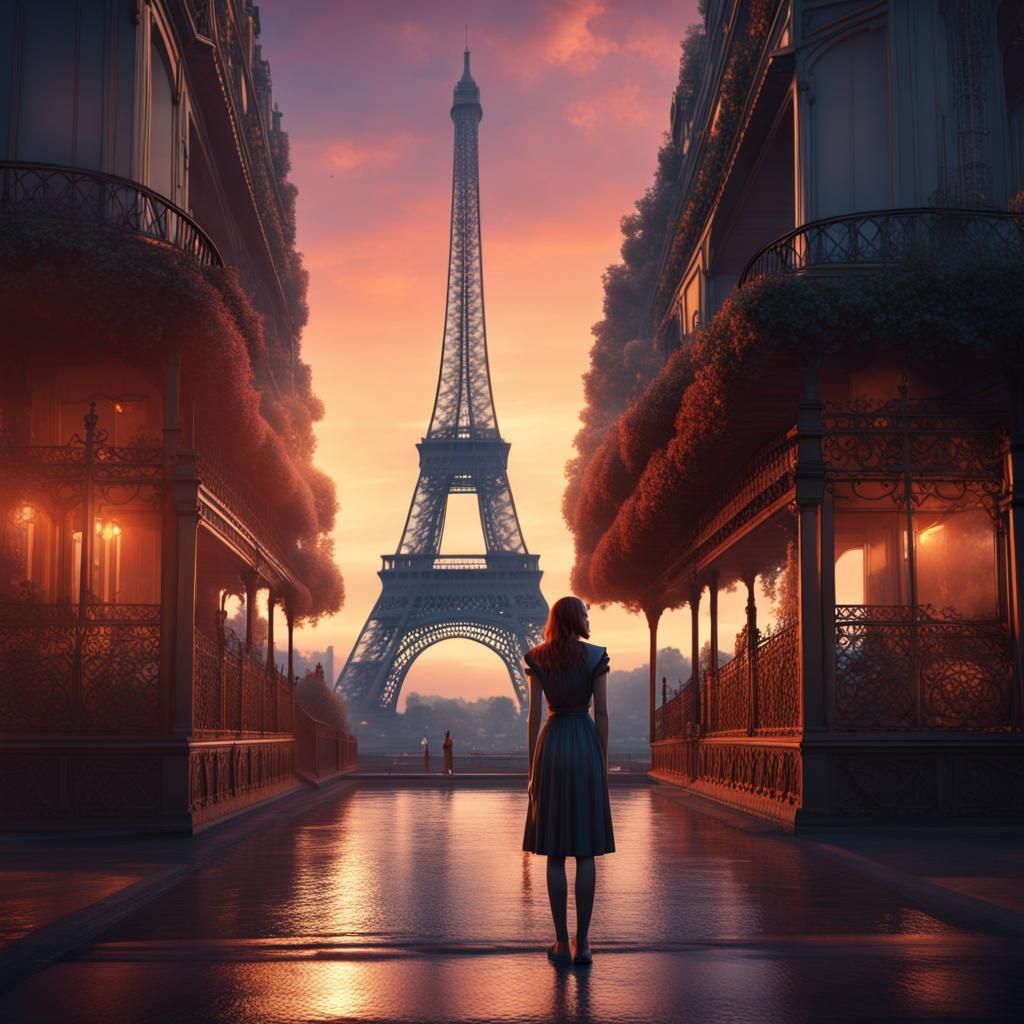 Sunset Contemplation: Woman on Eiffel Tower