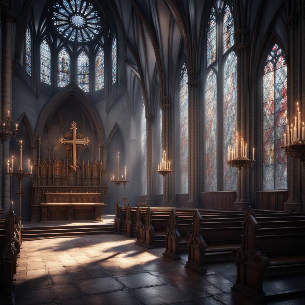 Gothic Church Interior with Altar: Fantasy Concept Art