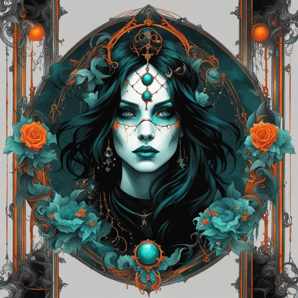 Gothic Aetherpunk Art of Women in Orange and Teal