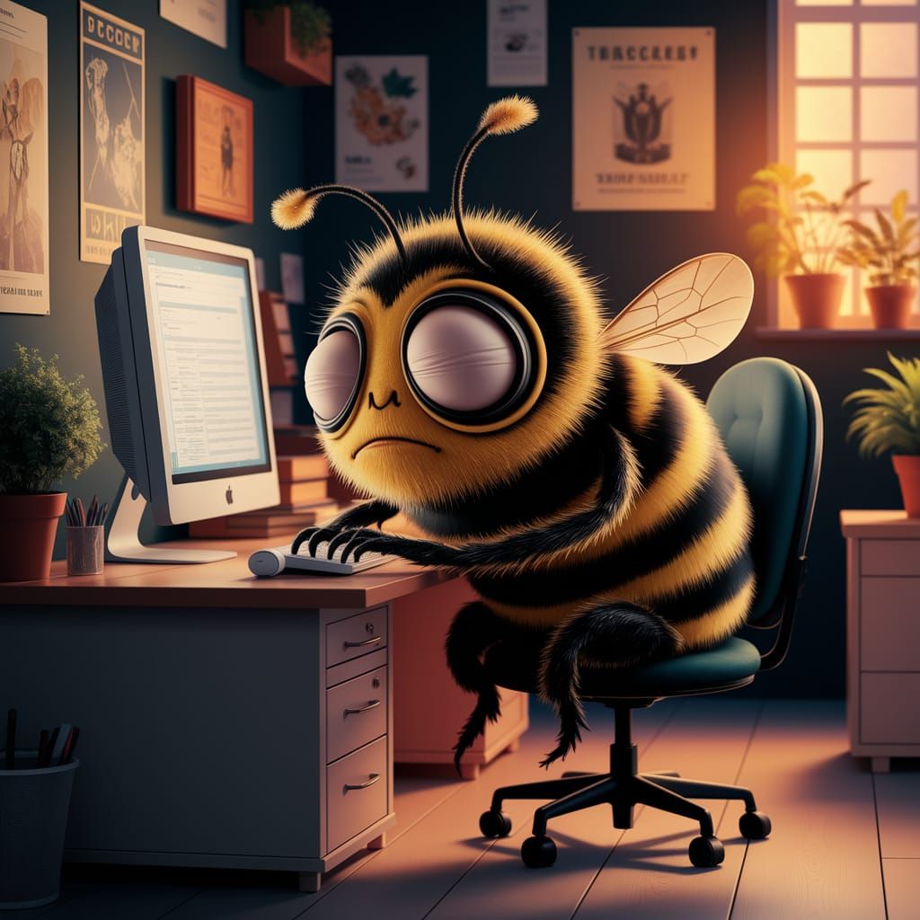 Weary Bumblebee Working in Dimly Lit Office