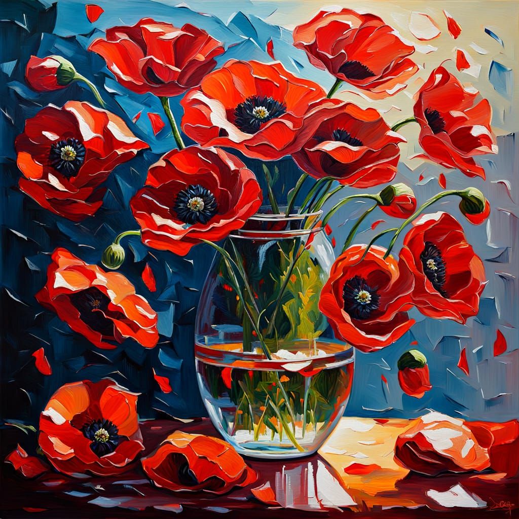 Impasto Oil Painting of Glowing Poppies in Vase