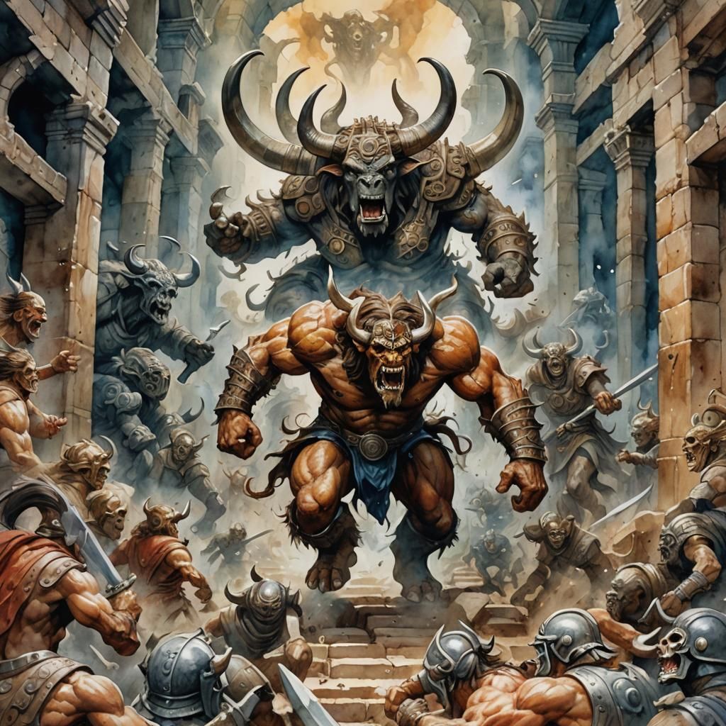 One-Eyed Minotaur Chases Warriors in Labyrinth Watercolor