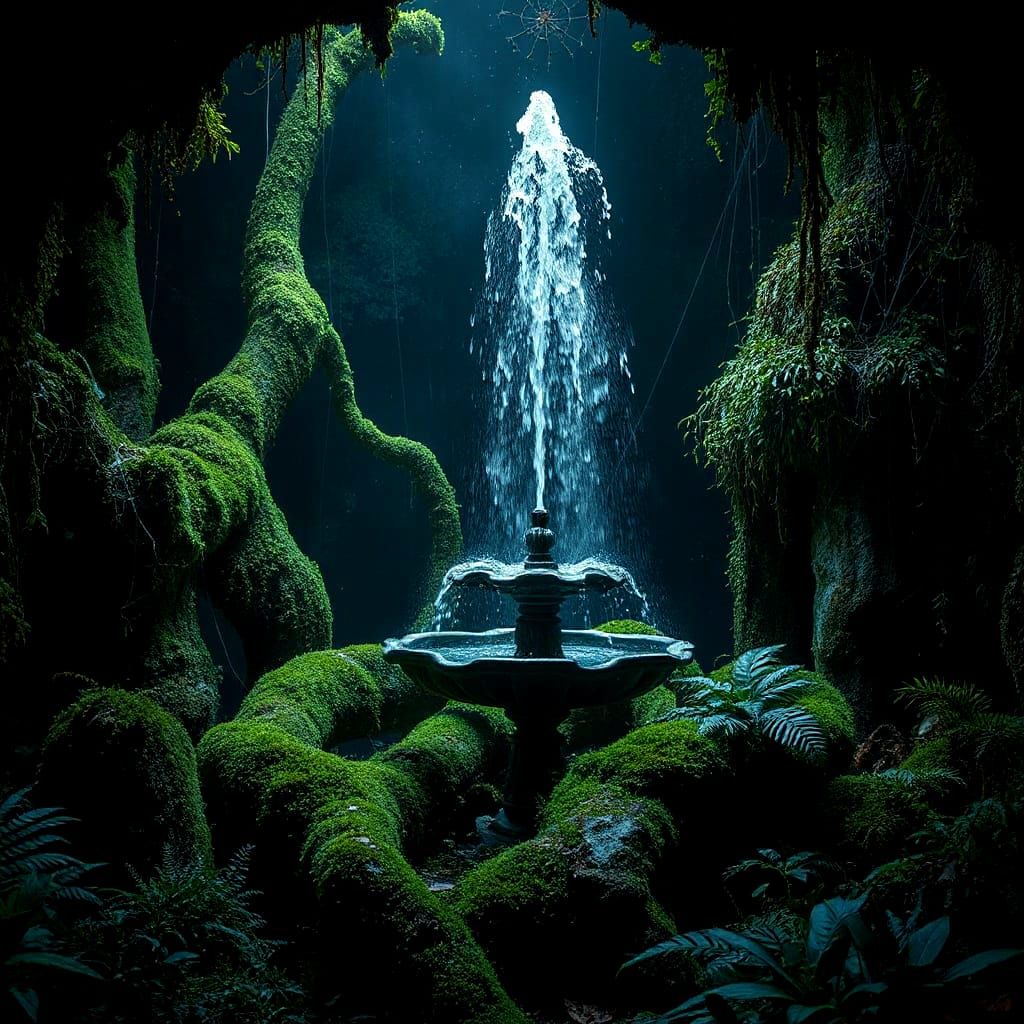Enchanted Fountain in Overgrown Garden at Night