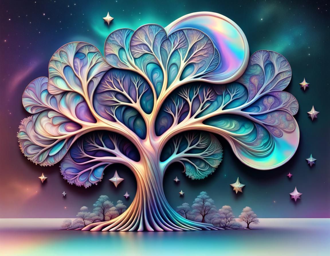 Iridescent Mother of Pearl Tree in Cosmic Fractal Art