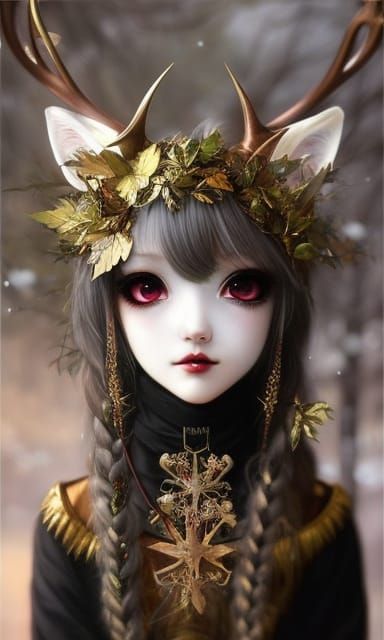 Gothic Anime Girl with Reindeer in Hyper-Surreal Style