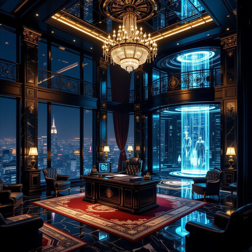 Villain's Opulent Penthouse Overlooking Neon Cityscape