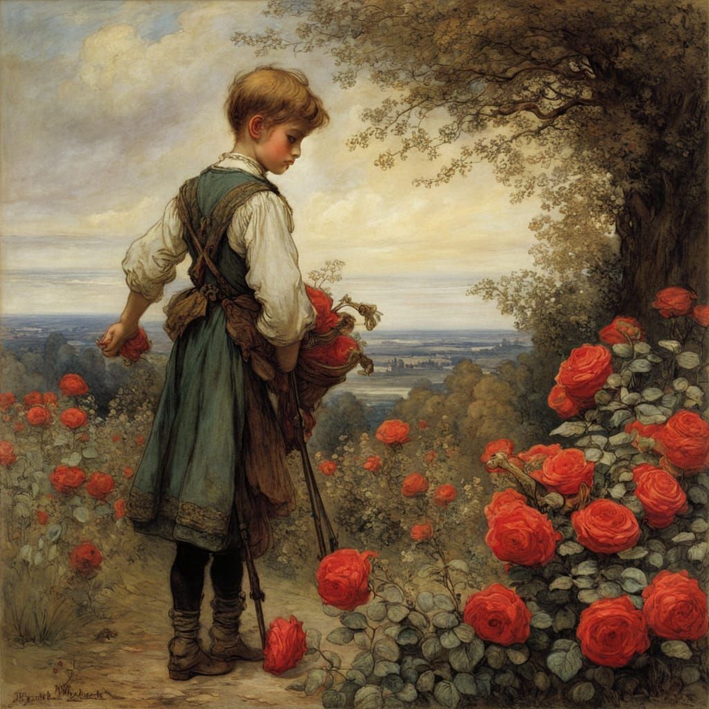 Whimsical Boy in a Garden of Roses