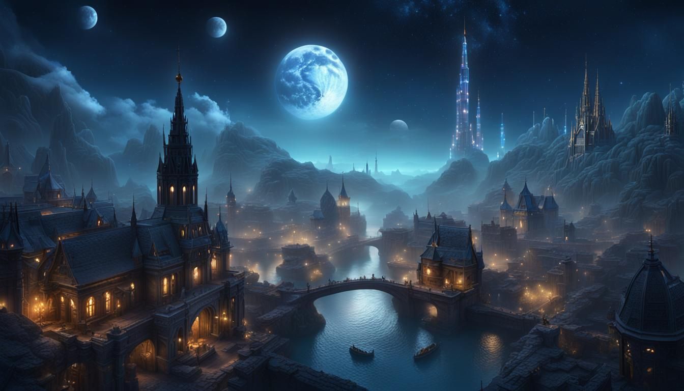 City in Fog Under a Cosmic Sky