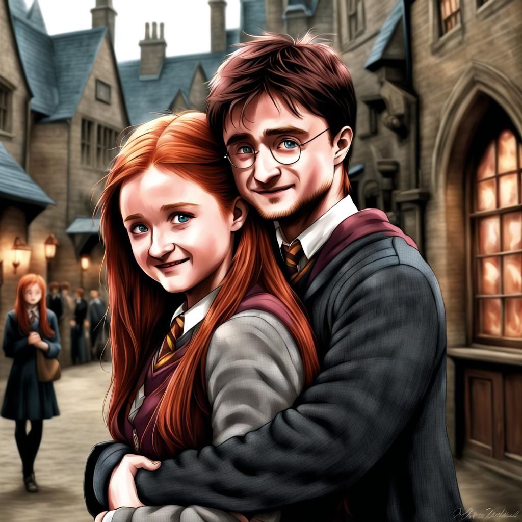 Ginny Weasley Hugs Harry Potter in Anime Style