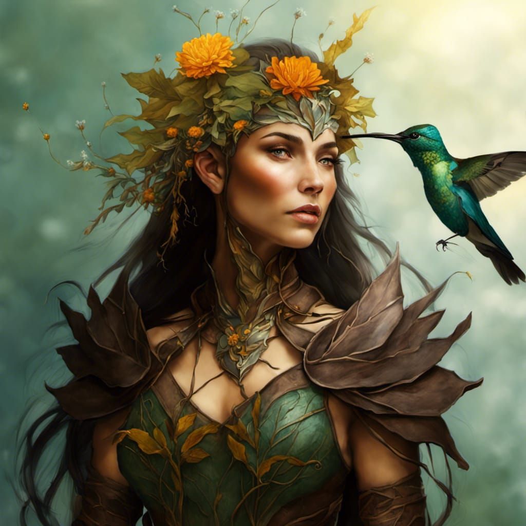 Elven Woman with Flowers and Hummingbird