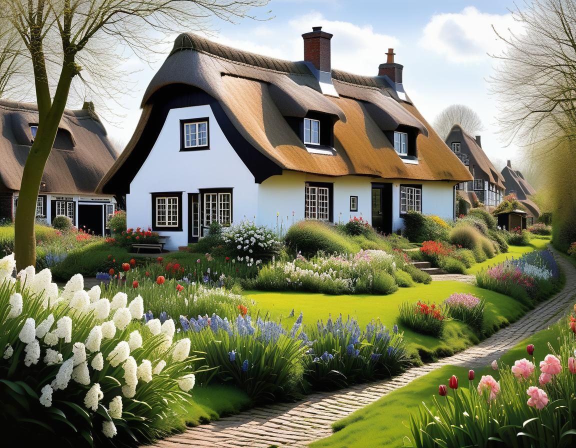 Charming Thatched House with Spring Garden, Watercolor Style