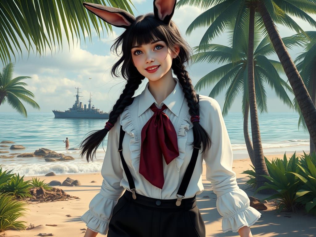 European Woman with Rabbit Ears on Jungle Beach