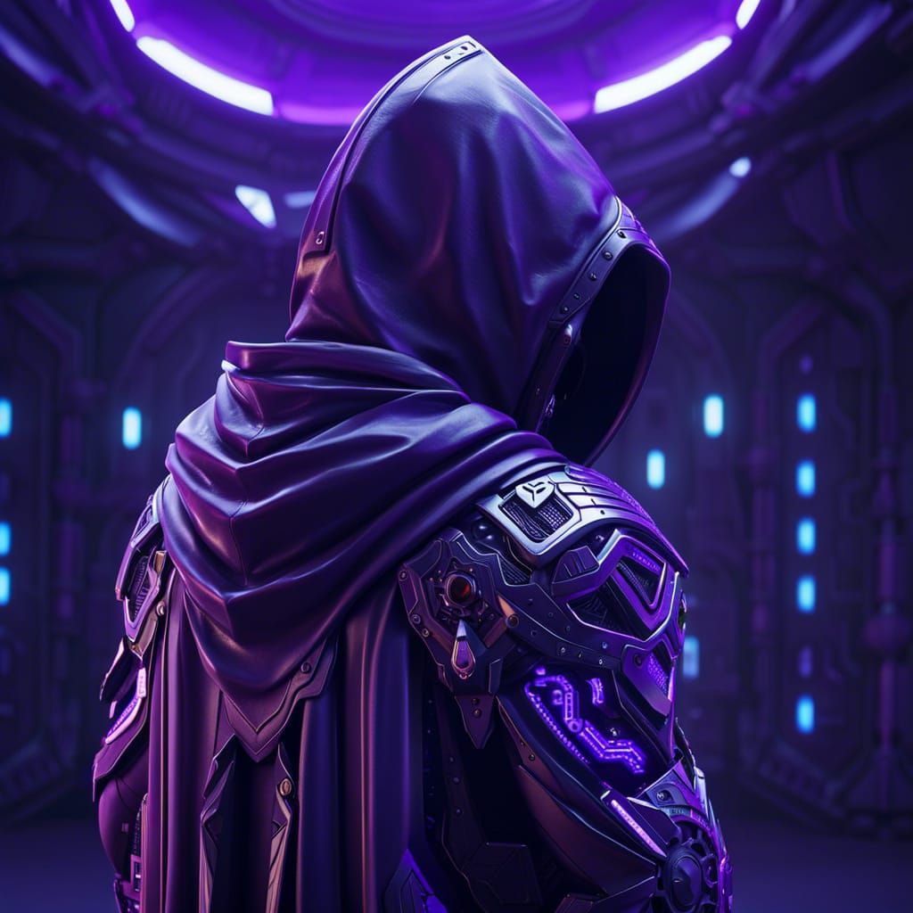 Hooded Figure with Intricate Mech Details in Shadows