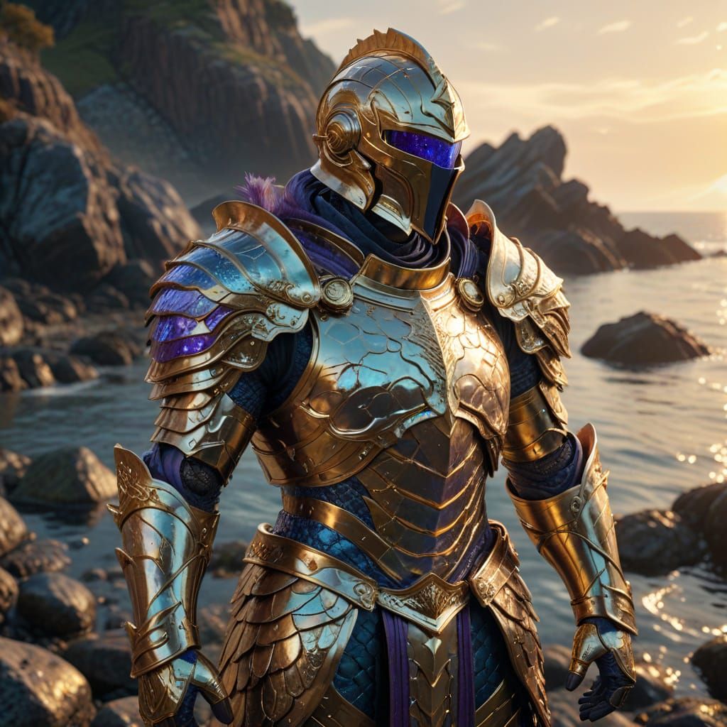 Golden Knight in Pisces Armor Stands on Rocky Shoreline