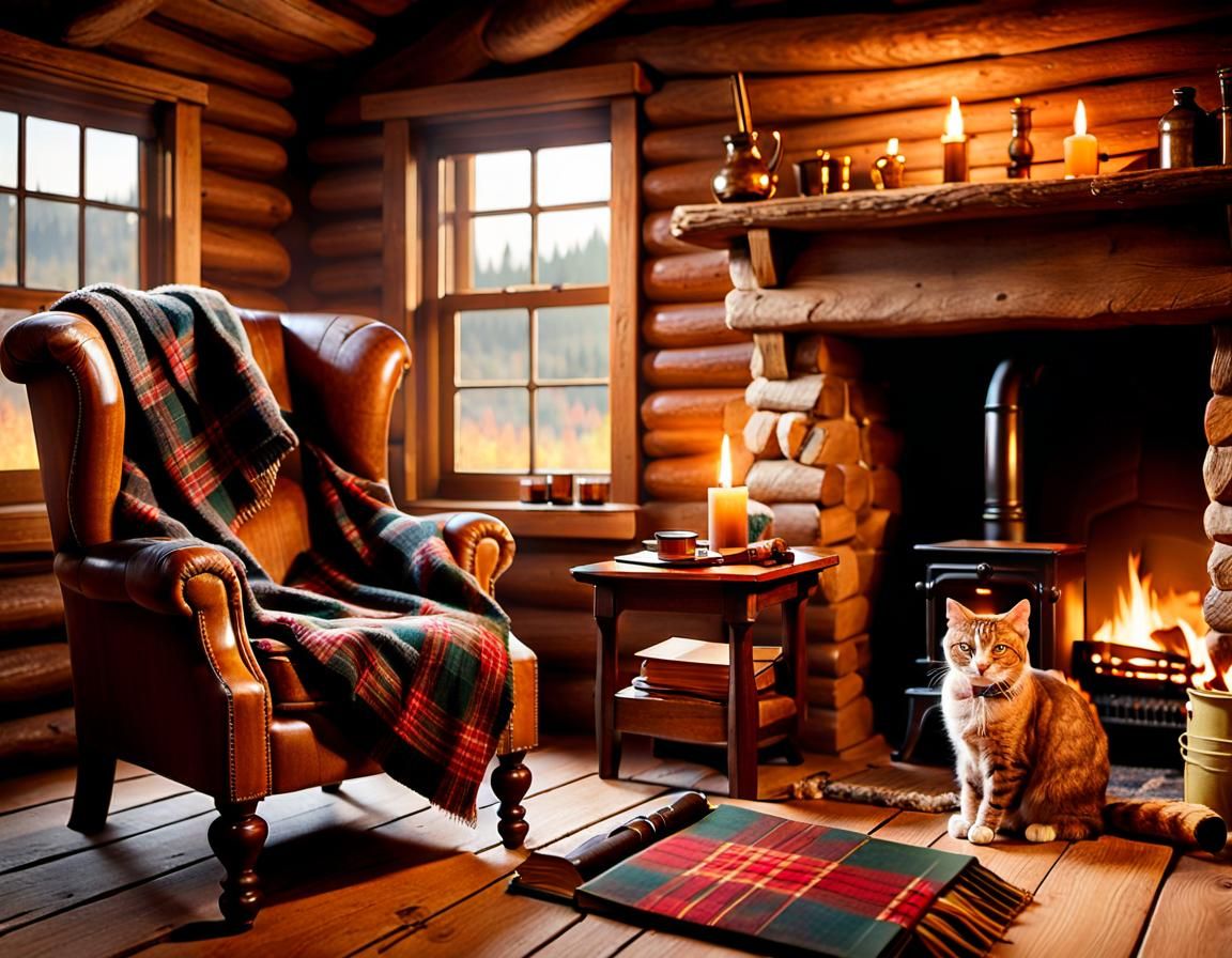 Cozy Cabin Interior with Fireplace in Oil Painting Style