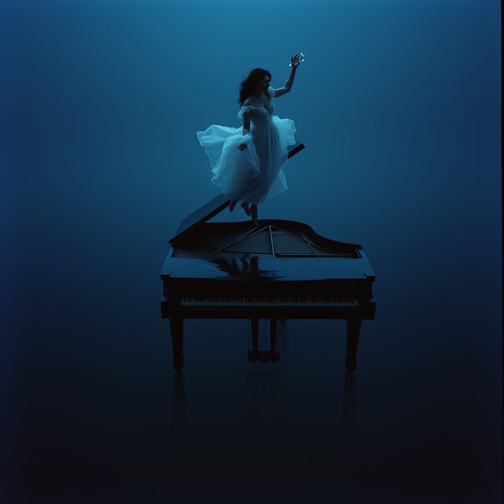 Surreal Underwater Piano Concerto in Indigo-Silver Hues