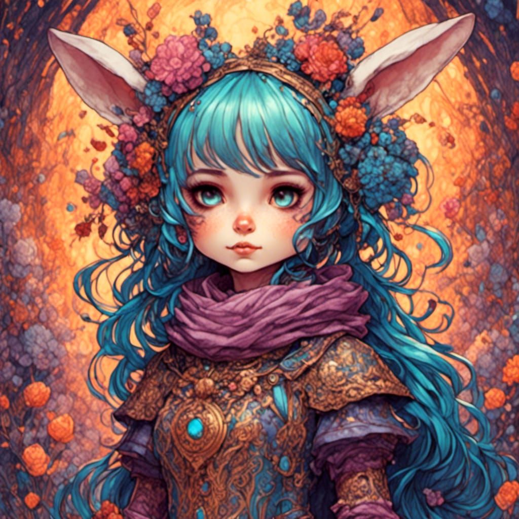 Adorable Girl in Bunny Costume: Luminous Linework Portrait