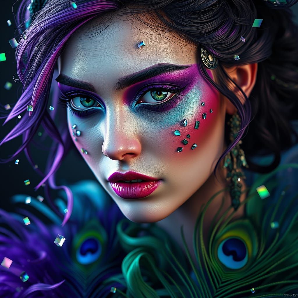 Fantastical Portrait of a Woman in Peacock Feathers and Glas...