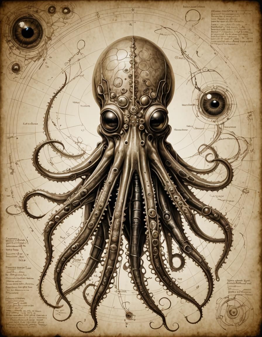 Dissected Non-Euclidean Squid: A Sepia-Toned Biological Diag...