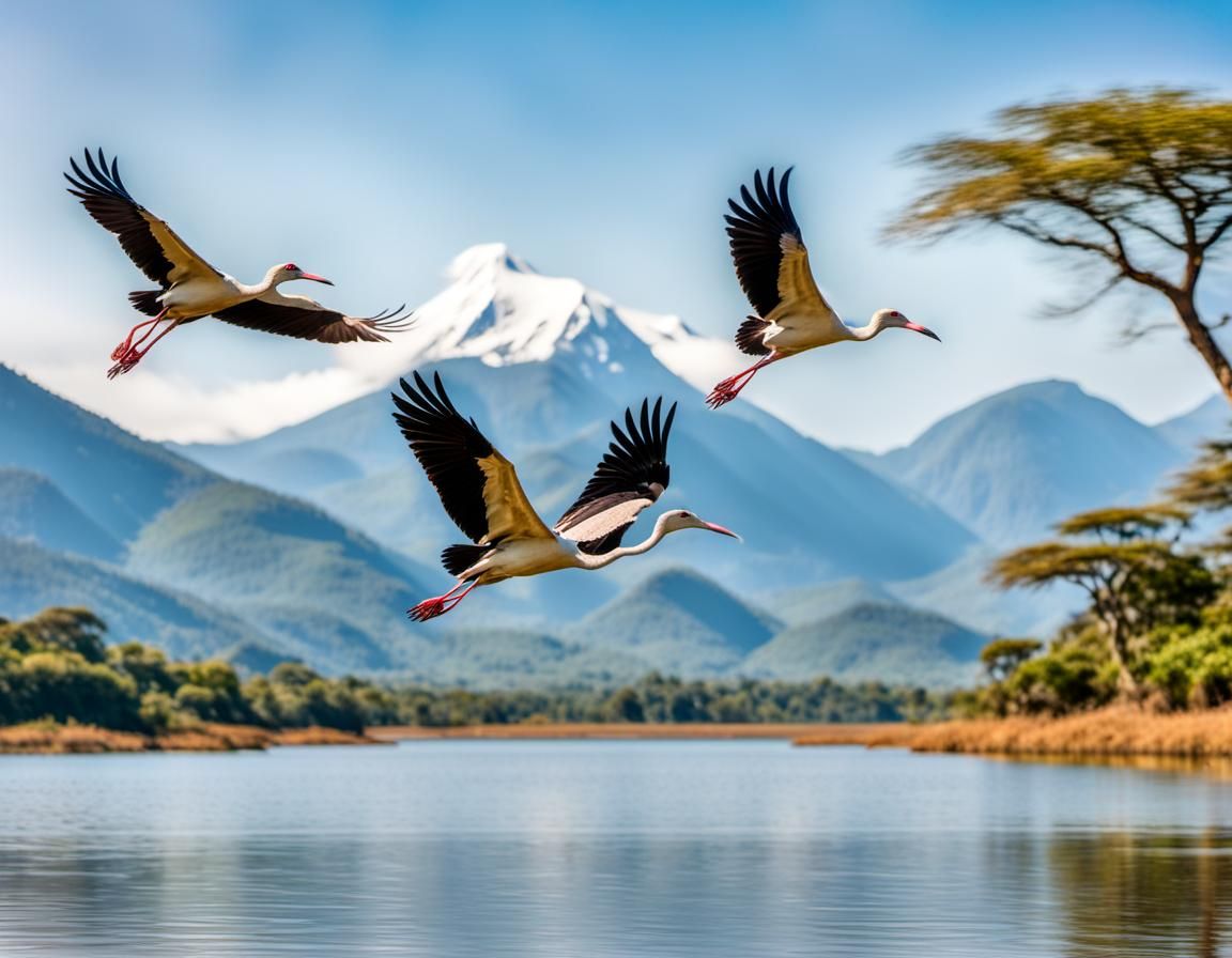 Crested Ibises Fly Over Mountain Lake