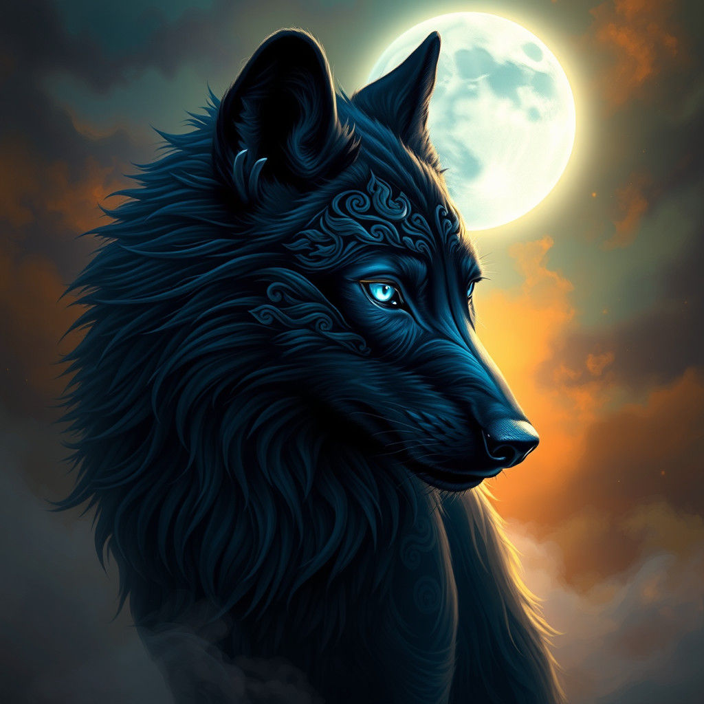 Majestic Black Wolf with Icy Blue Eyes in Mystical Landscape