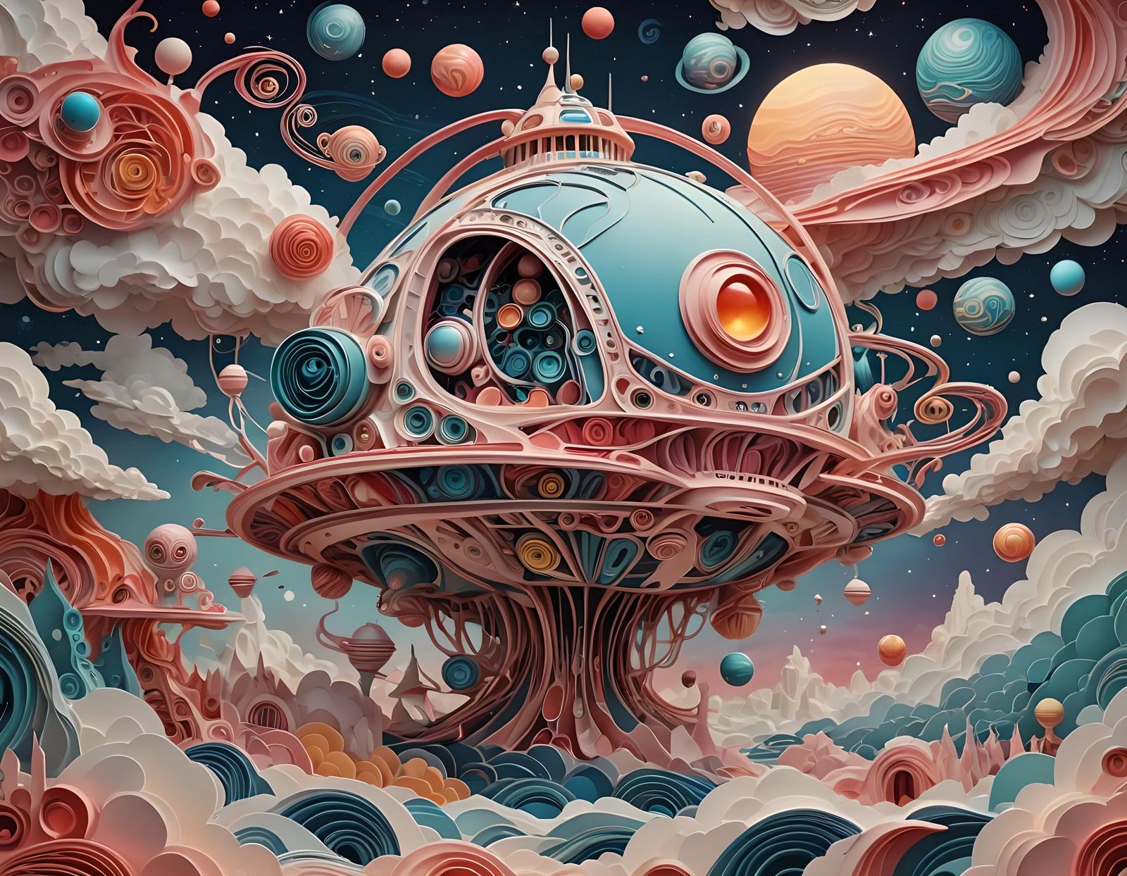 Alien Spaceship Orbiting Planet in Pop Surrealism