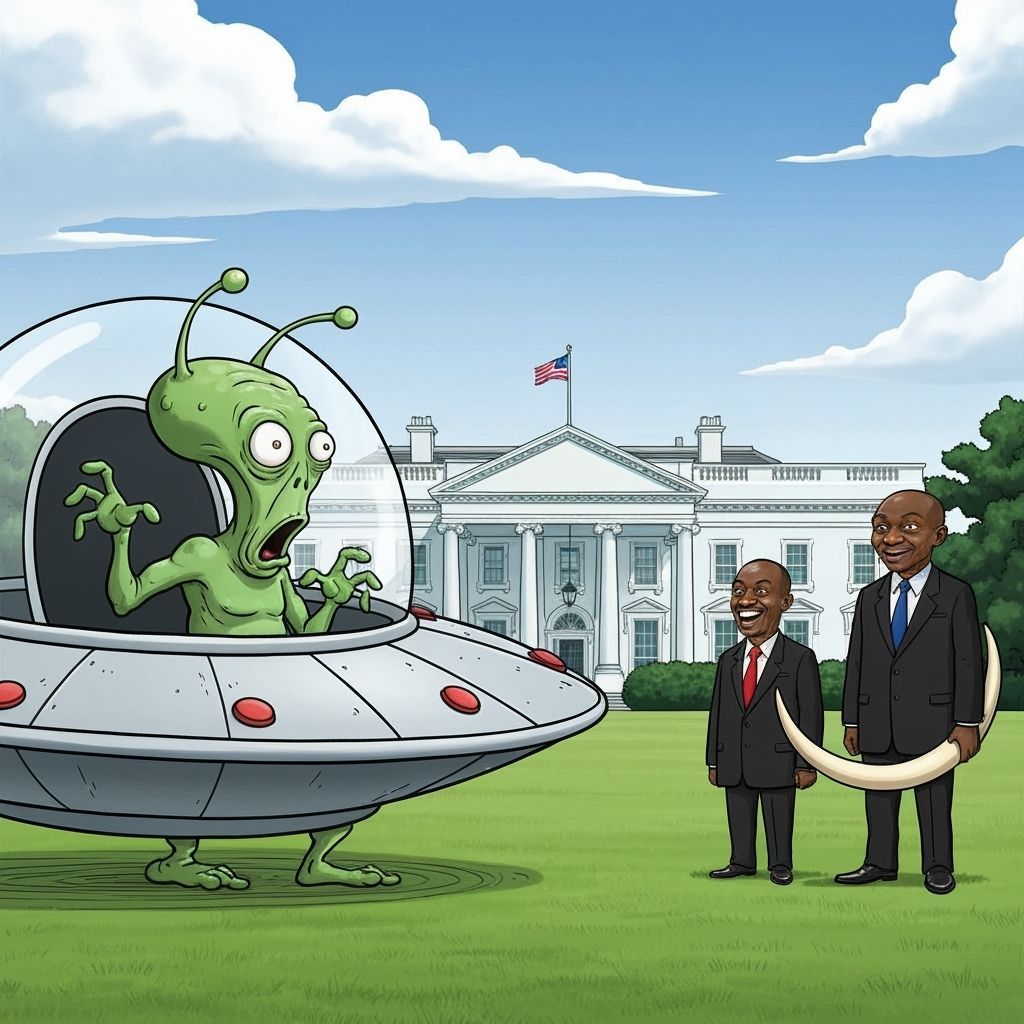 Cartoon Alien Lands Saucer At White House In Shock