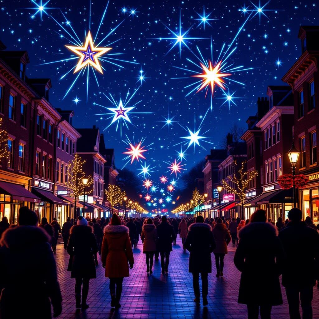 Starfall Night in Bustling Town Square