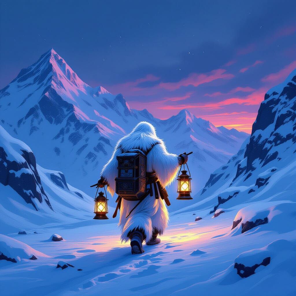 Yeti Journey Through Frozen Twilight: Impasto Art