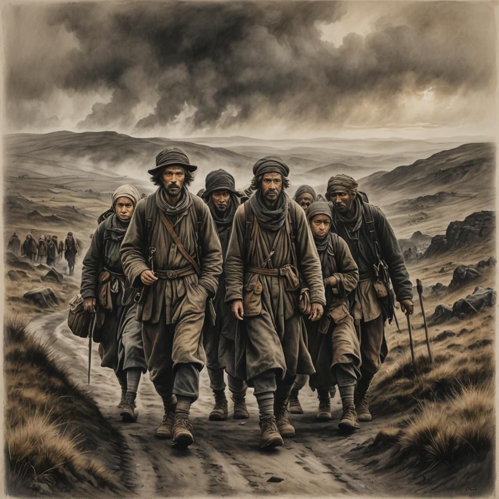 Refugees on England Moors: Charcoal Drawing with Moody Light...