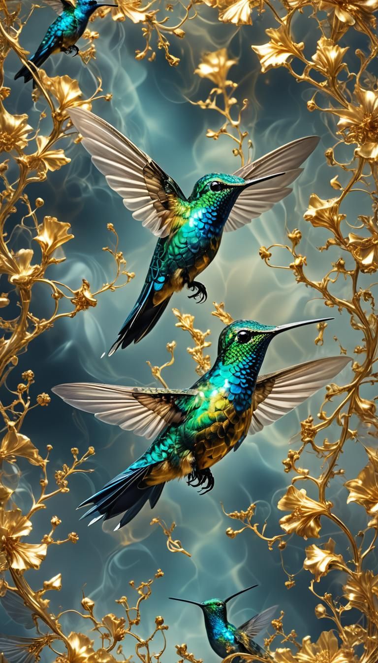 Surreal Hummingbird in Golden Fractal Bloom