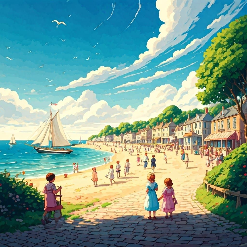 1920s children's book, a sunny day at a seaside town