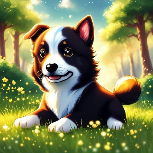 Cute Chibi Puppy in a Vibrant Green Meadow