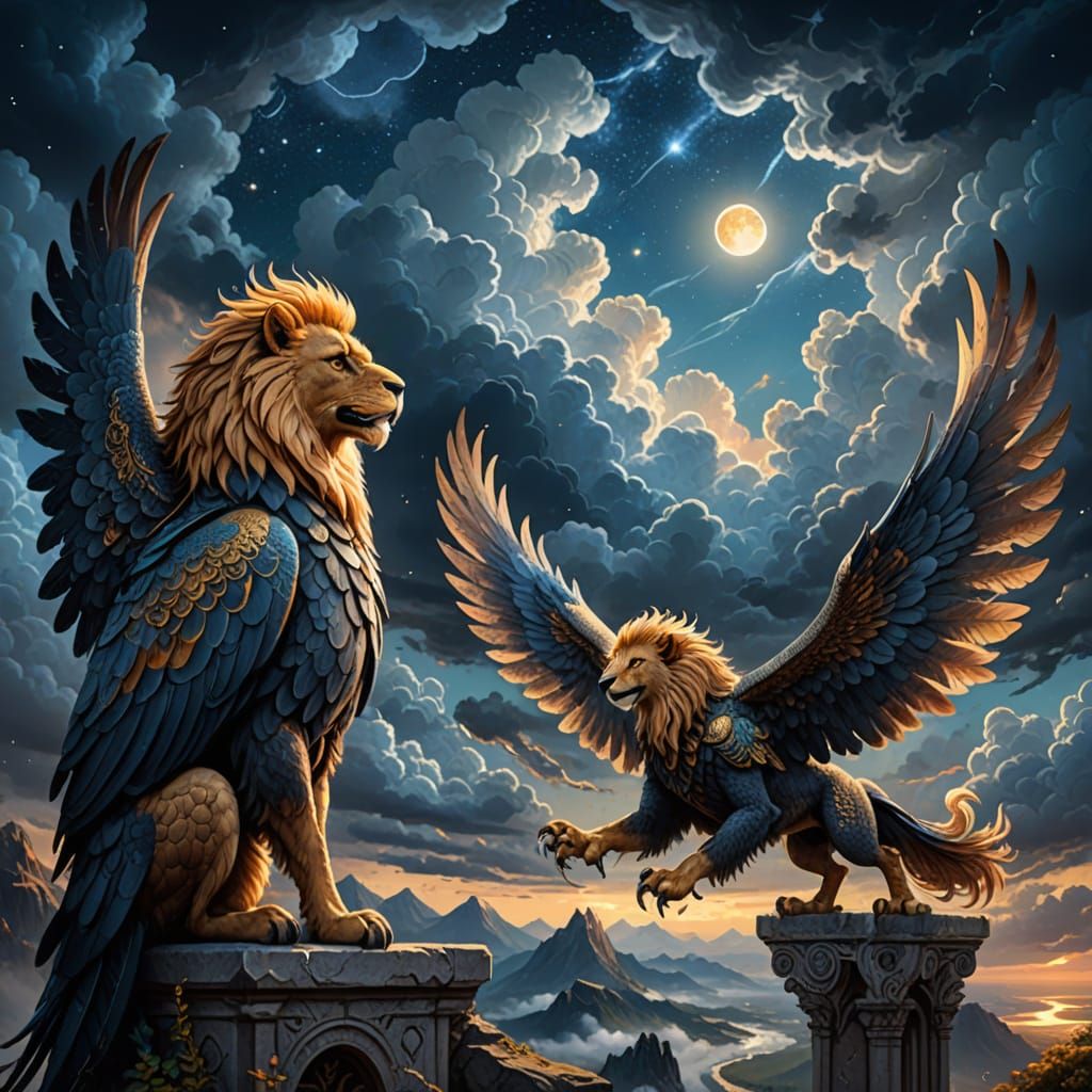 Majestic Griffin Reigns Over Celestial Realm in Golden Hour