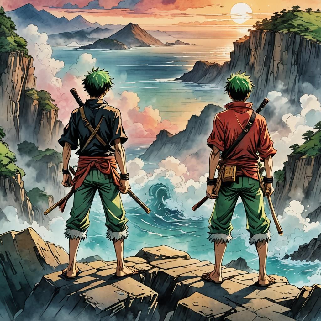 Luffy and Zoro: Dynamic Anime Ink Painting