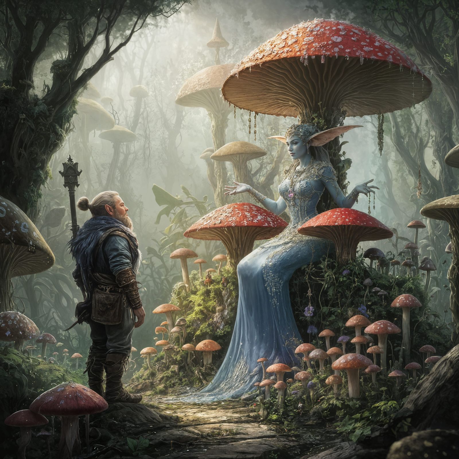 A Regal Goblin Queen Surveys Her Mushroom Kingdom