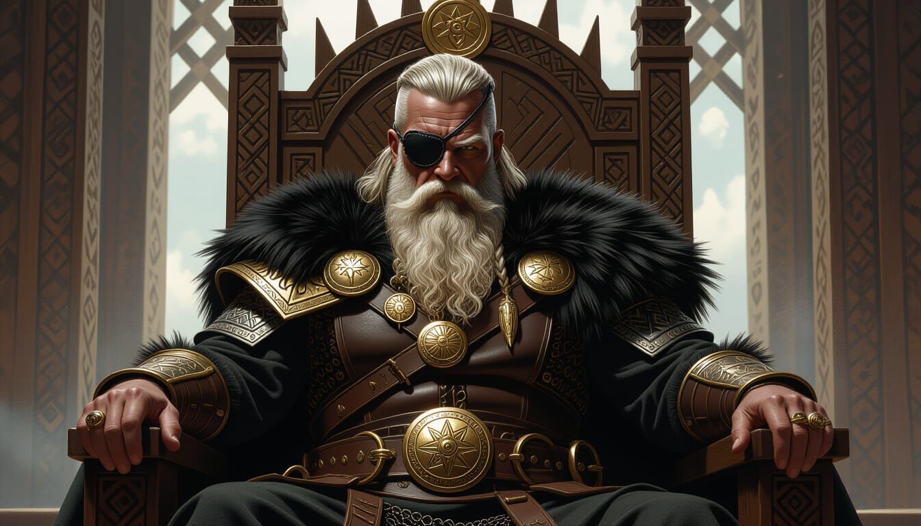 Odin on the Throne of Midgard in Fantasy Style