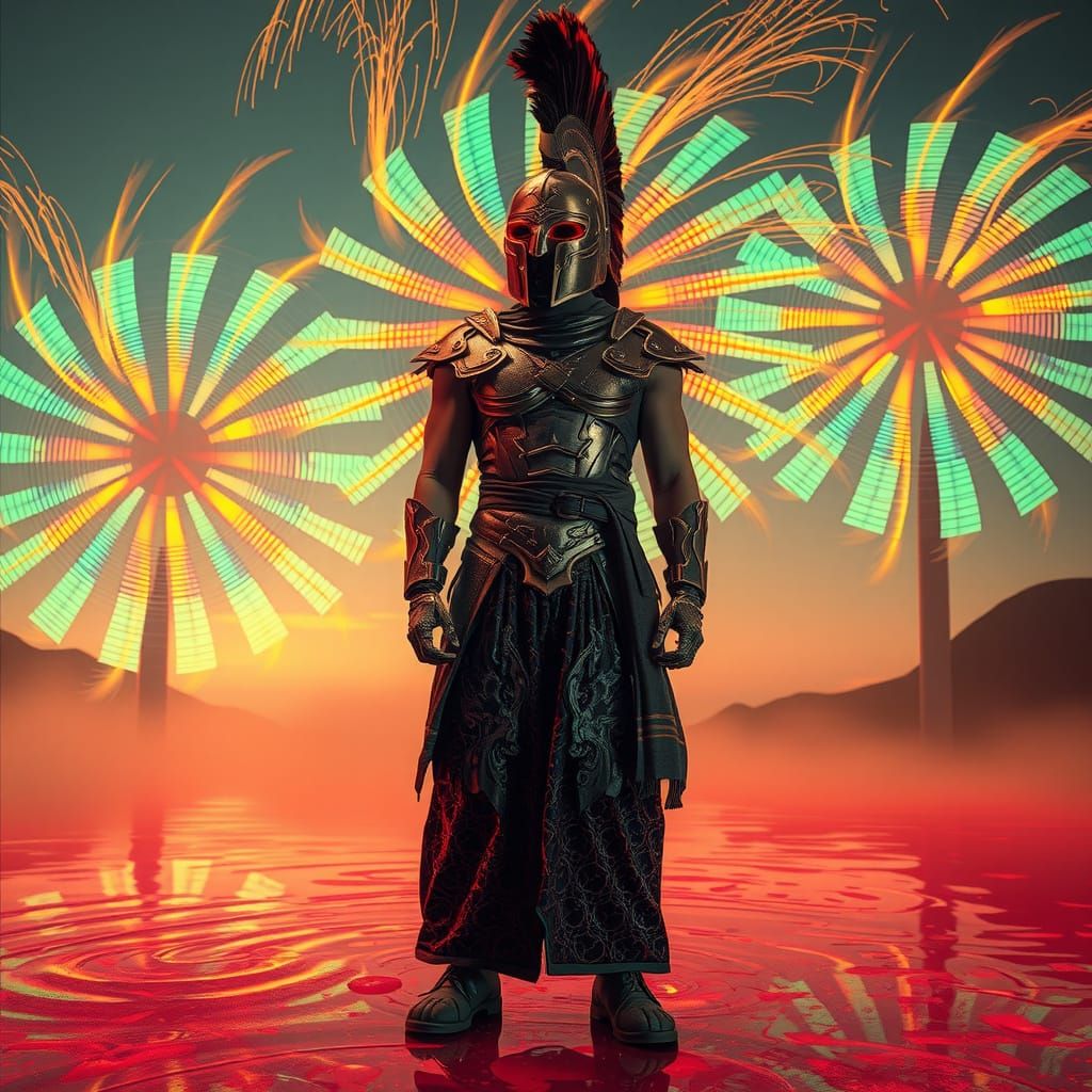 Cyberpunk Warrior in Multidimensional Hakama Pants