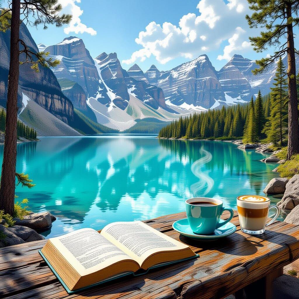 Turquoise Lake Scene with Coffee, Digital Art