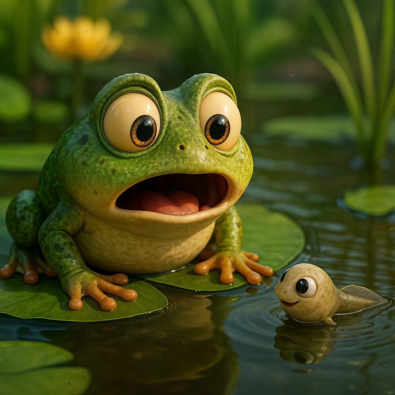 Surprised Cartoon Frog Talking to Tadpole