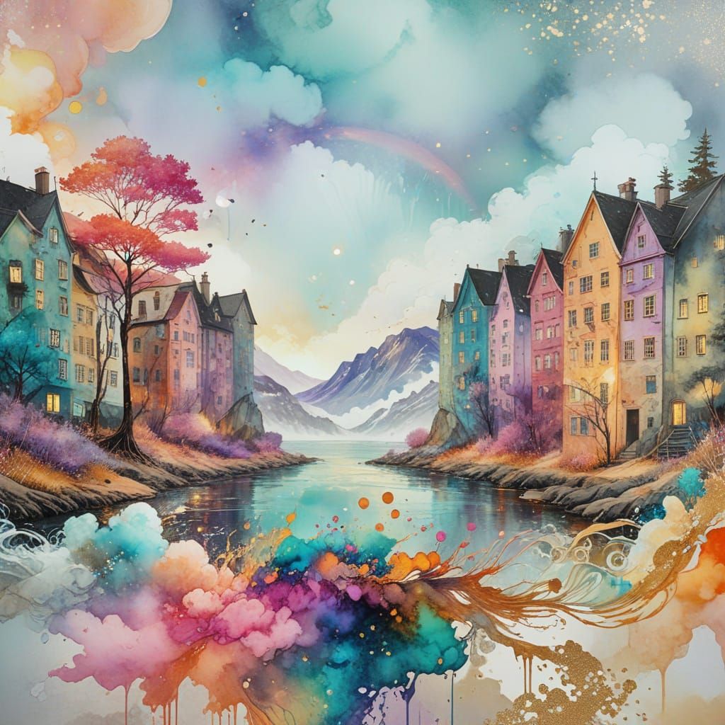 Colorful Sunset Over River Harbor in Digital Art