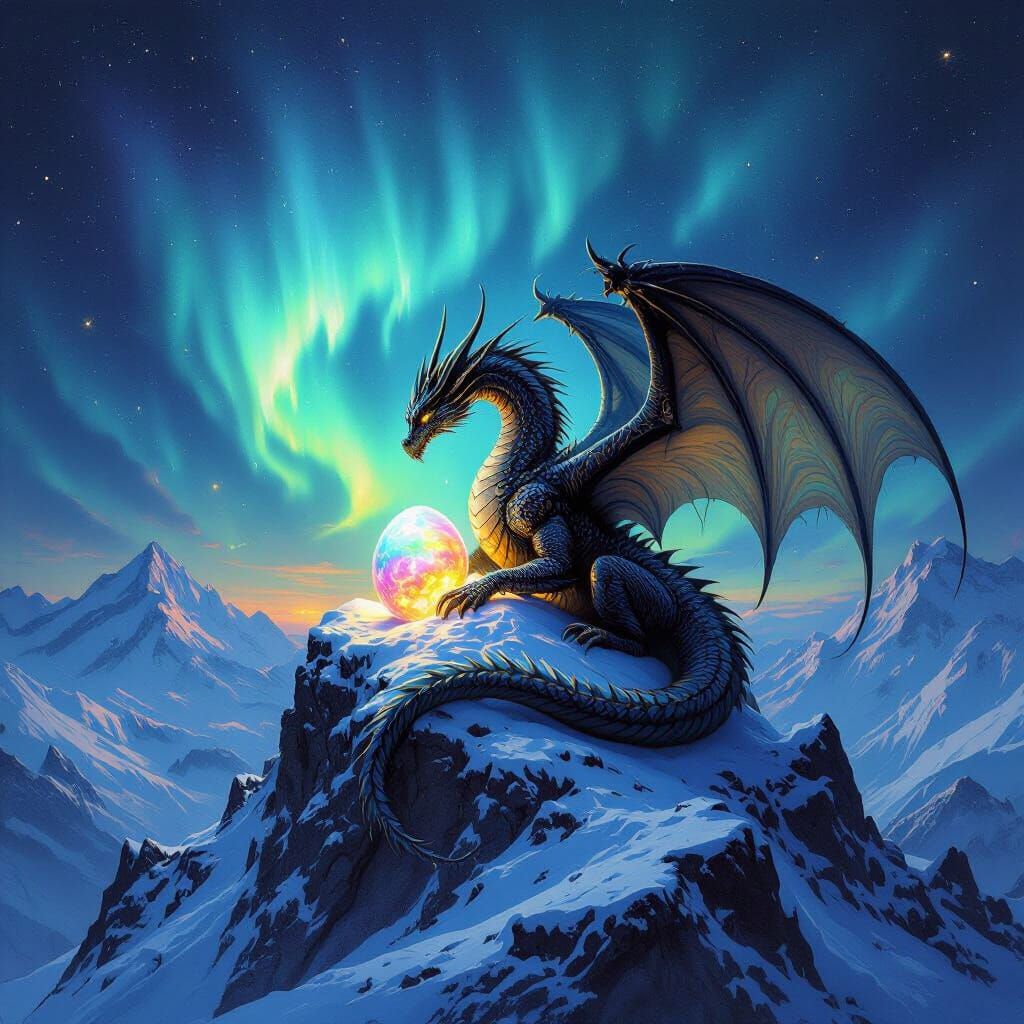 Winged Dragon Protecting Iridescent Eggs Under Aurora