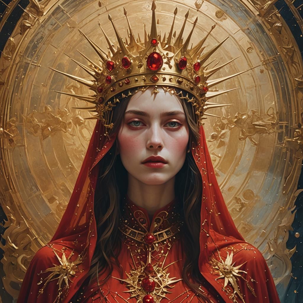 Celestial Queen in Red Veils and Golden Crown