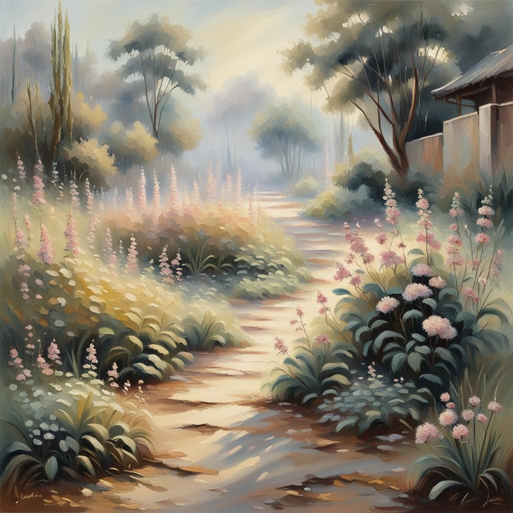 Impressionist Oil Painting of Flowers in Mist