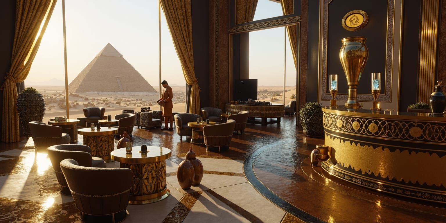 Egyptian Lounge Overlooking Pyramids in Opulent Style