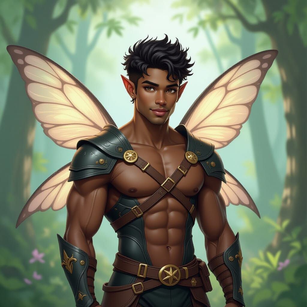 Muscular Black Fairy in Whimsical Forest